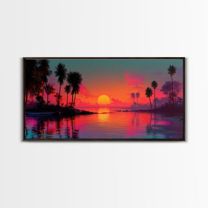 Vivid Pink Orange Tropical Sunset Over Calm Ocean With Palm Trees Coastal Wall Art Framed Canvas Print Bohemian Beach Home Decor Wall Decor
