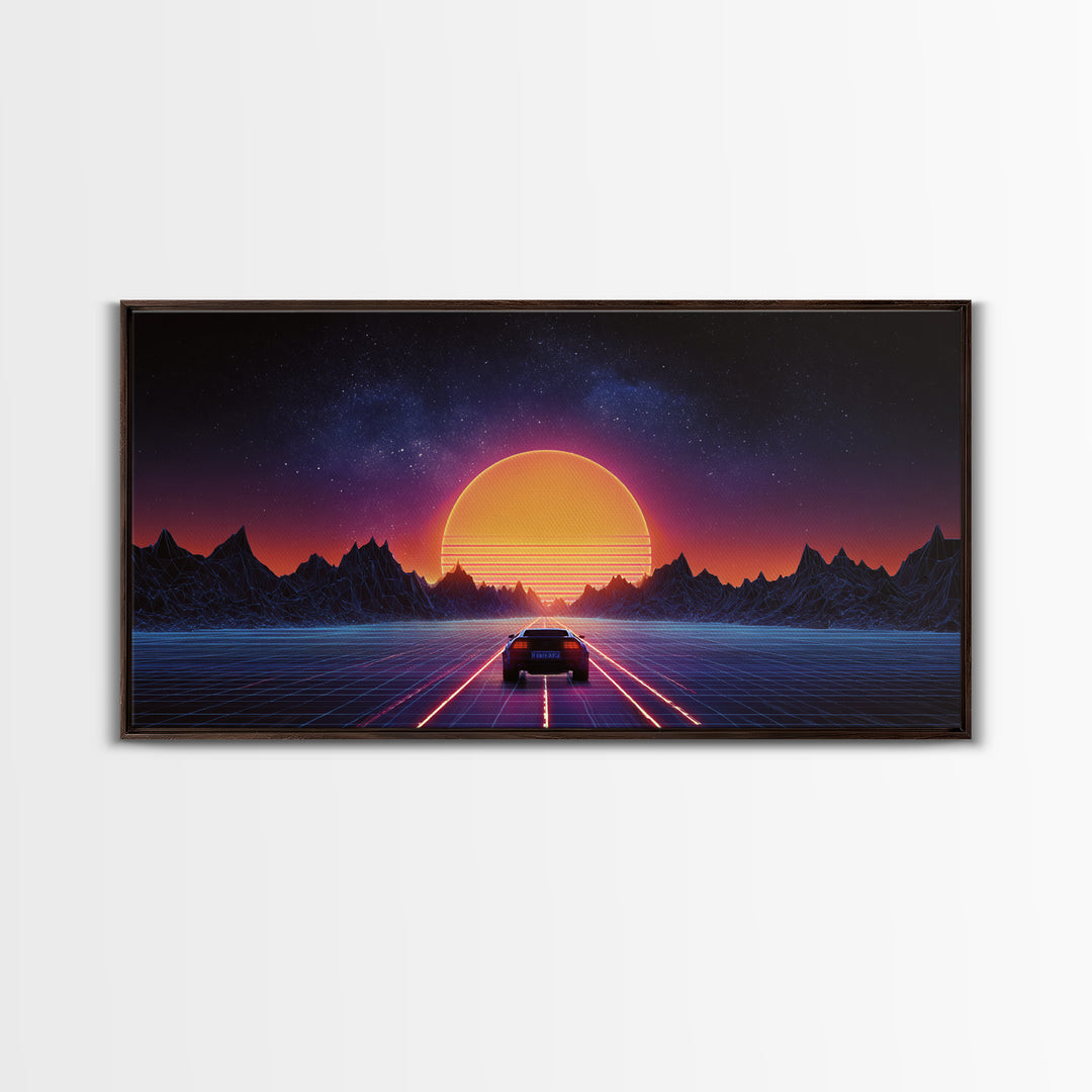 Retro Futuristic 80s Style Neon Sunset With Grid Road And Mountains Vibrant Digital Artwork Ideal For Gaming Room Wall Art And Modern Home Decor Canvas Print