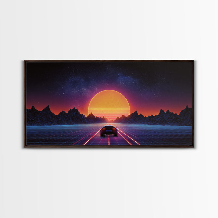 Retro Futuristic 80s Style Neon Sunset With Grid Road And Mountains Vibrant Digital Artwork Ideal For Gaming Room Wall Art And Modern Home Decor Canvas Print