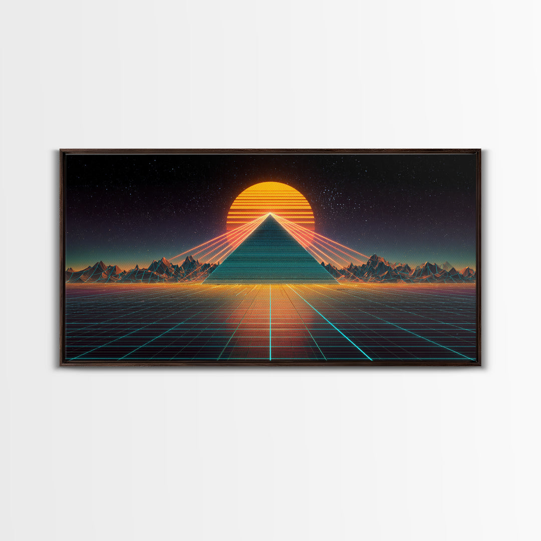 Futuristic Neon Pyramid With Laser Lights At Sunset Digital Artwork, Modern Wall Art Framed Canvas Print For Contemporary Home Decor