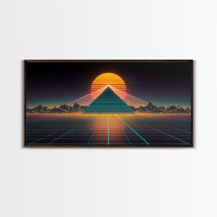 Futuristic Neon Pyramid With Laser Lights At Sunset Digital Artwork, Modern Wall Art Framed Canvas Print For Contemporary Home Decor