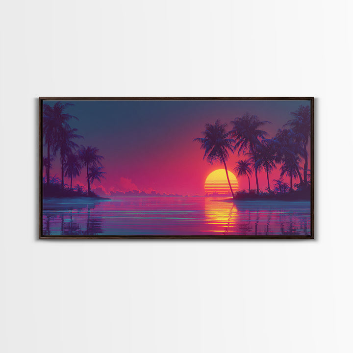 Vibrant Retro Sunset Beach Scene With Palm Trees And Ocean Reflection Wall Art