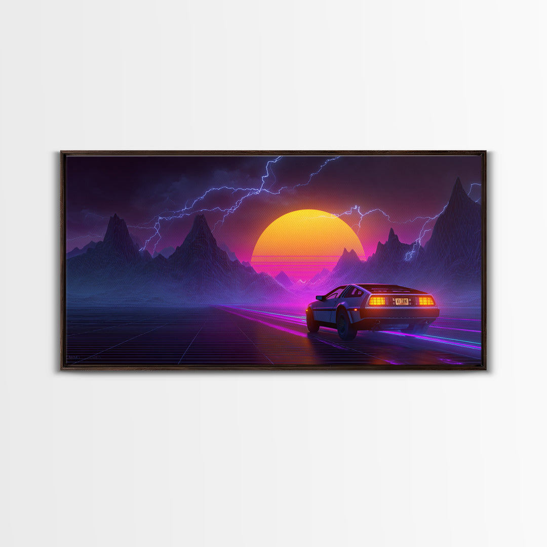 Retro Futuristic Neon Landscape With DeLorean Car Canvas Print Synthwave Wall Art Abstract Wall Decor Modern Home Decor