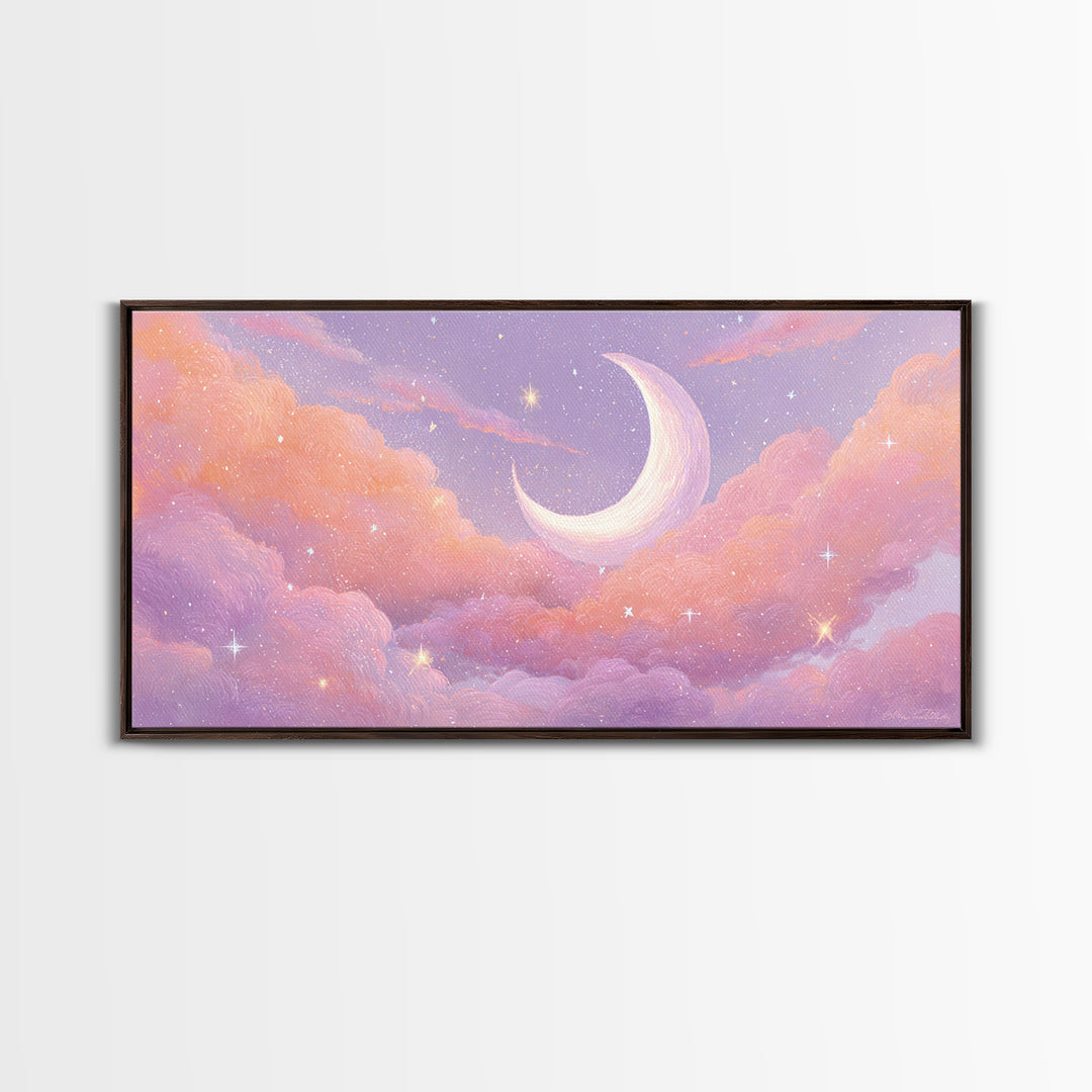 Pastel Crescent Moon In Pink Clouds Wall Art, Celestial Nursery Decor, Dreamy Bedroom Print, Whimsical Starry Sky, Aesthetic Room Decor