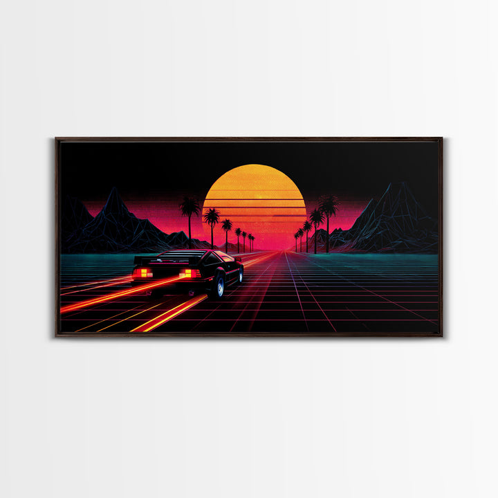 Retro Futuristic Sunset With Sportscar And Palm Trees Neon Vibes Canvas Print For Gaming Room Or Office Decor