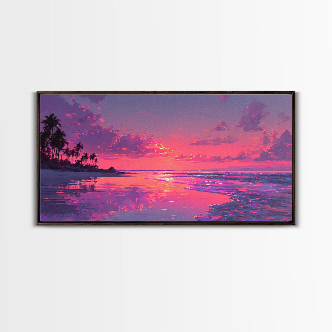 Peaceful Pink Sunset At Tropical Beach Ocean Landscape Wall Art Framed Canvas Print Coastal Home Decor