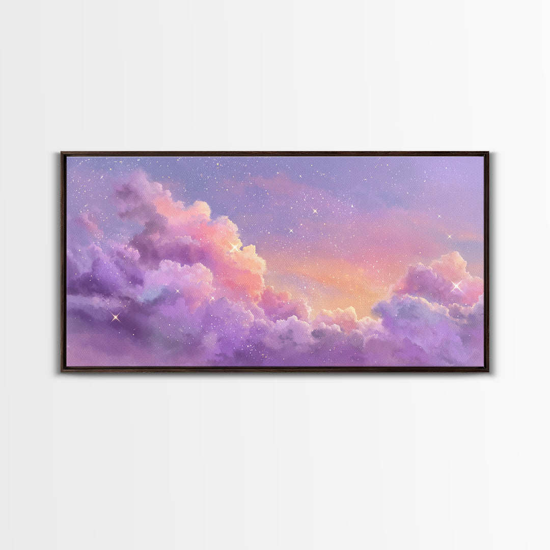Purple Starry Clouds At Sunset Canvas Print, Dreamy Celestial Wall Decor, Pastel Sky Bedroom Art, Whimsical Room Decor Gift