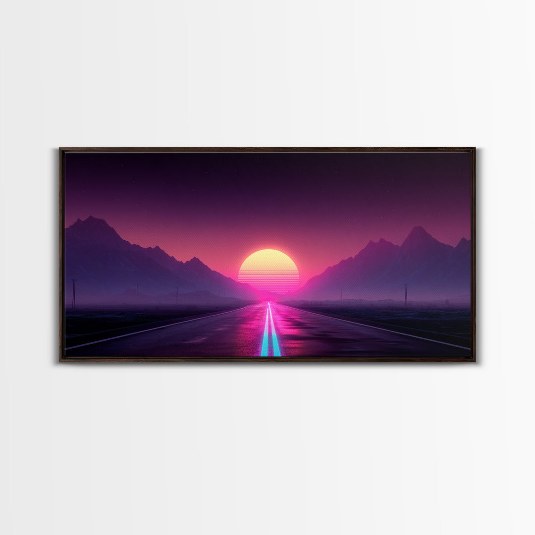 Surreal Sunset Road Landscape Featuring Mountains And Vibrant Sky Framed Canvas Print Modern Wall Art For Living Room