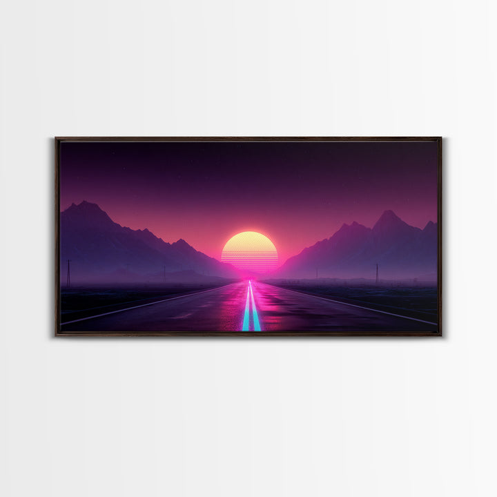 Surreal Sunset Road Landscape Featuring Mountains And Vibrant Sky Framed Canvas Print Modern Wall Art For Living Room