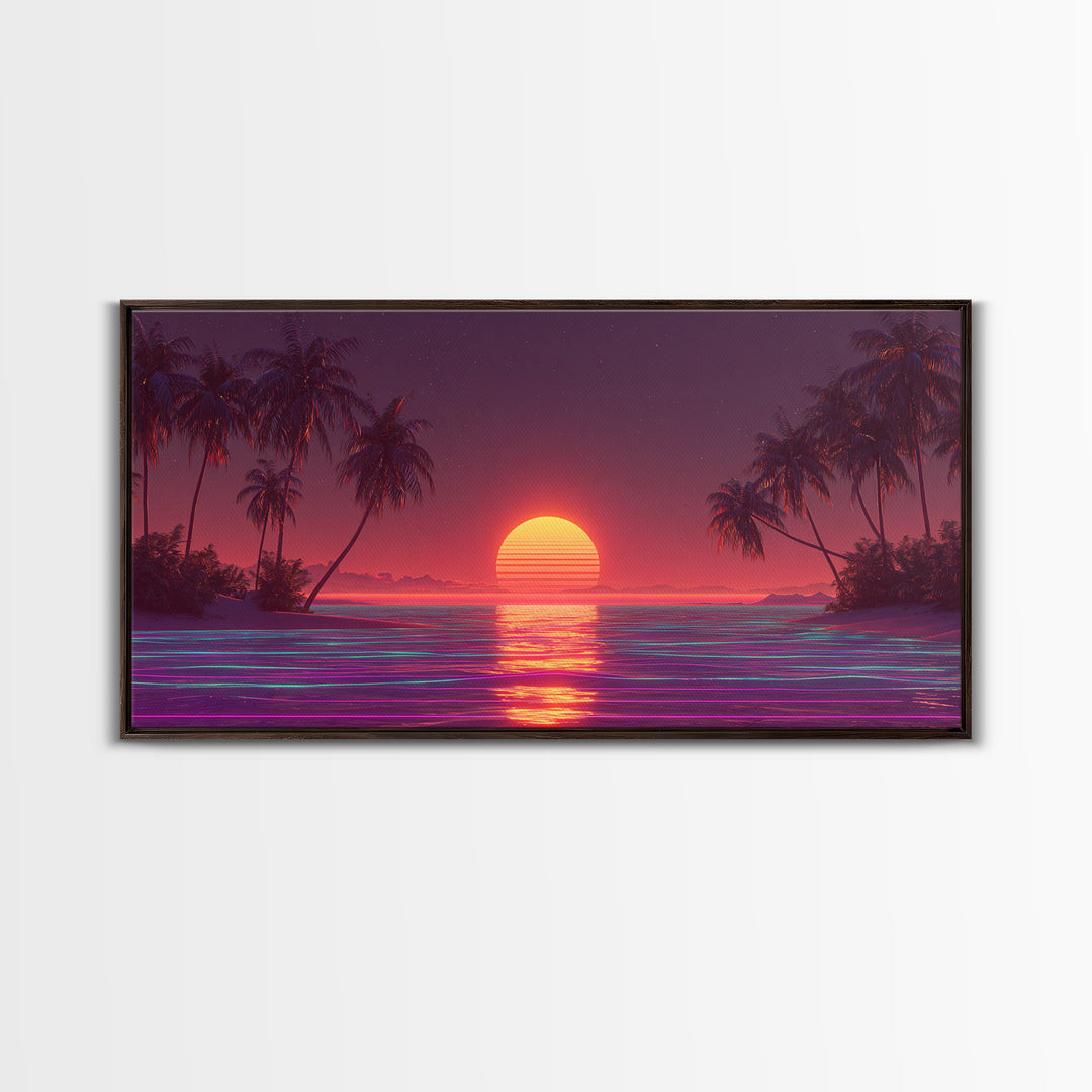 Vibrant Neon Red Sunset Over Ocean With Palm Trees Canvas Print Colorful Coastal Wall Art Tropical Beach Decor