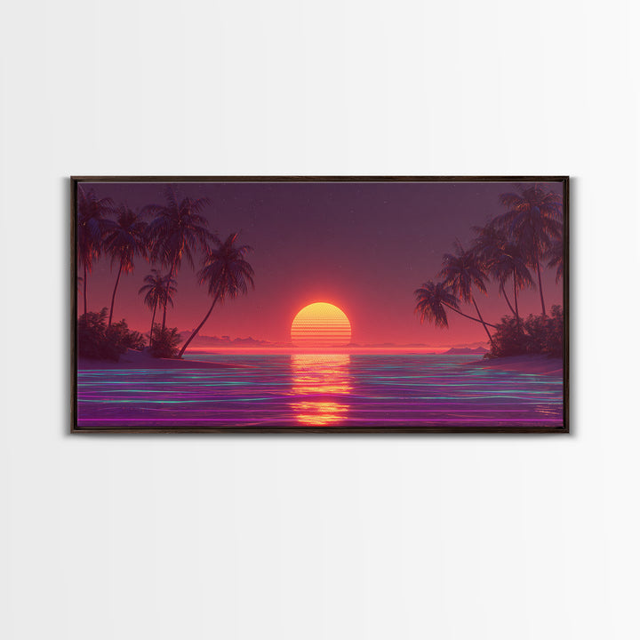 Vibrant Neon Red Sunset Over Ocean With Palm Trees Canvas Print Colorful Coastal Wall Art Tropical Beach Decor