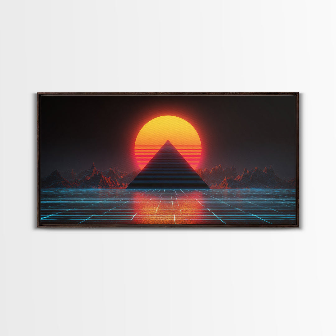 Retro Futuristic Neon Pyramid Sunset Sci Fi Digital Artwork Wall Art For Modern Home Office Decor Framed Canvas Print