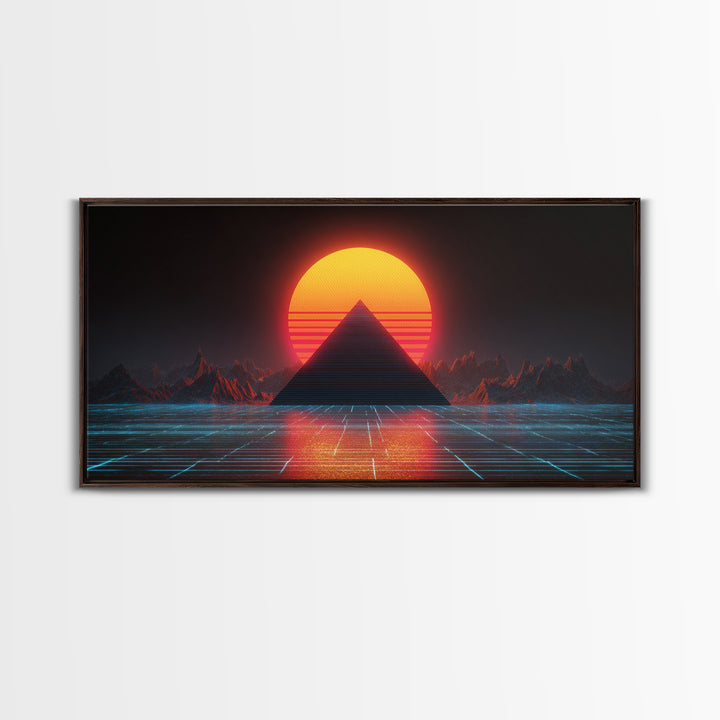 Retro Futuristic Neon Pyramid Sunset Sci Fi Digital Artwork Wall Art For Modern Home Office Decor Framed Canvas Print
