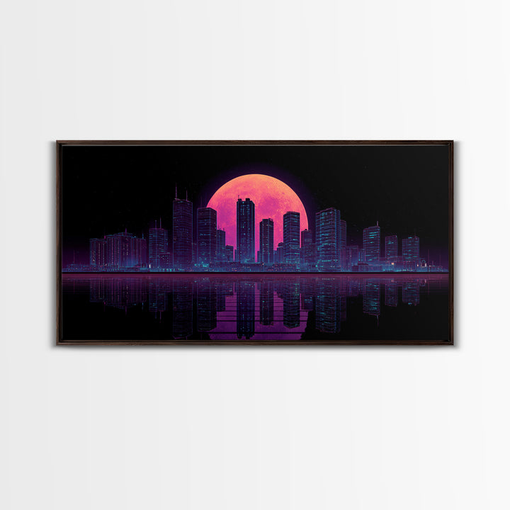 Futuristic Neon Cityscape Night Skyline With Pink Full Moon Canvas Print Urban Wall Art Print Decor