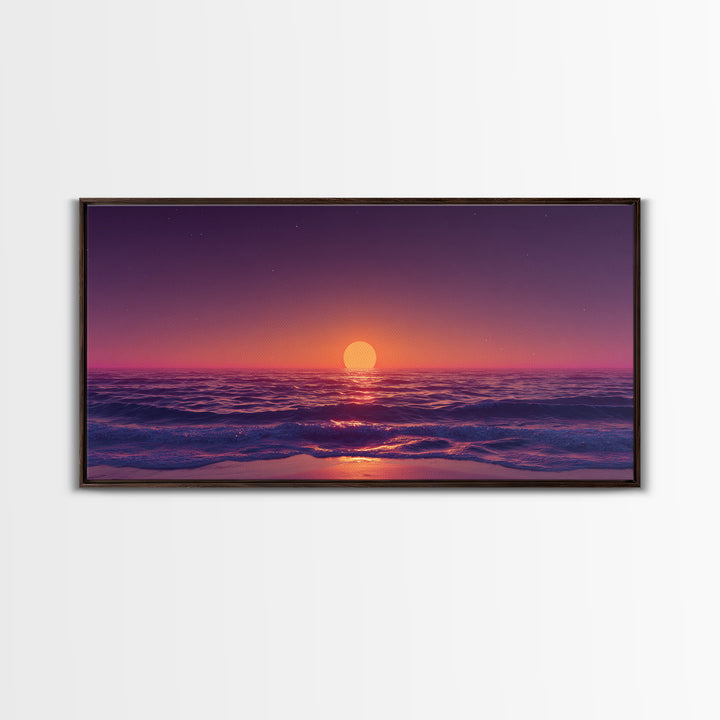 Vibrant Sunset Over Calm Ocean Waves With Pink And Purple Sky Beautiful Coastal Wall Art Framed Canvas Print For Bedroom Decor