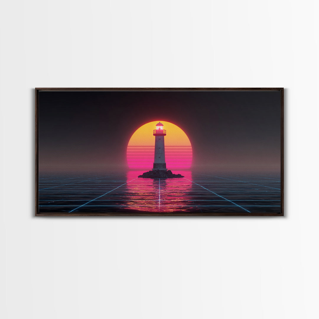 Retro Futuristic Neon Lighthouse Digital Painting Canvas Print Trendy Wall Art Modern Home Decor For Living Room And Office