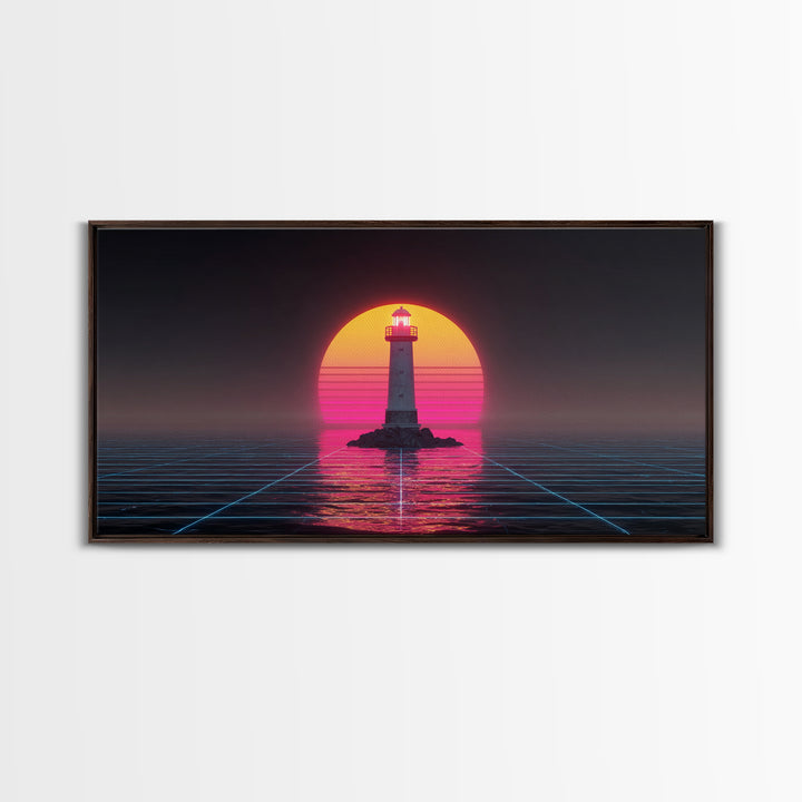 Retro Futuristic Neon Lighthouse Digital Painting Canvas Print Trendy Wall Art Modern Home Decor For Living Room And Office