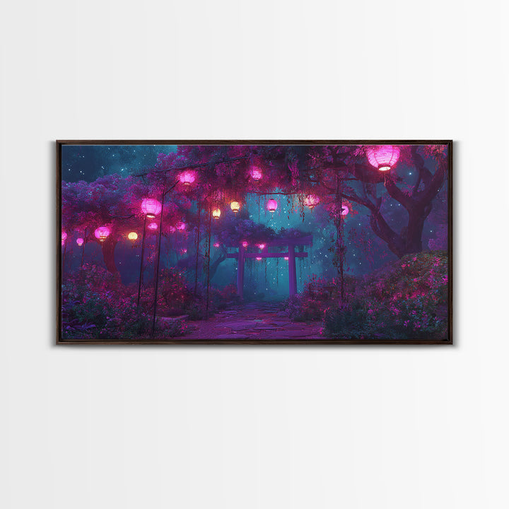 Tranquil Japanese Garden Pathway With Lanterns And Torii Gate At Night Atmospheric Wall Art Canvas Print