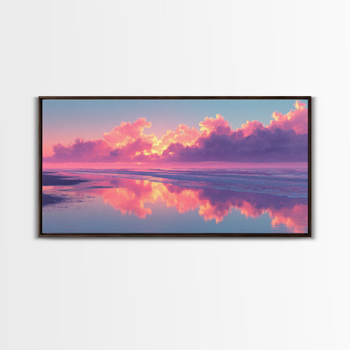 Surreal Pink Cloudy Beach Sunset Reflection Wall Art Framed Canvas Print For Living Room Home Decor Coastal Art