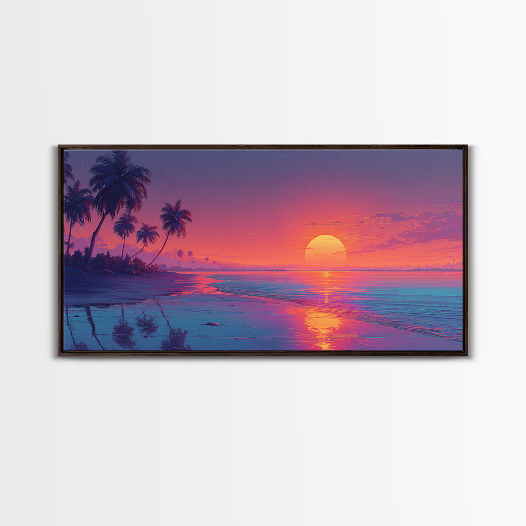 Serene Sunset Tropical Beach Landscape Digital Painting Large Wall Art For Living Room Framed Canvas