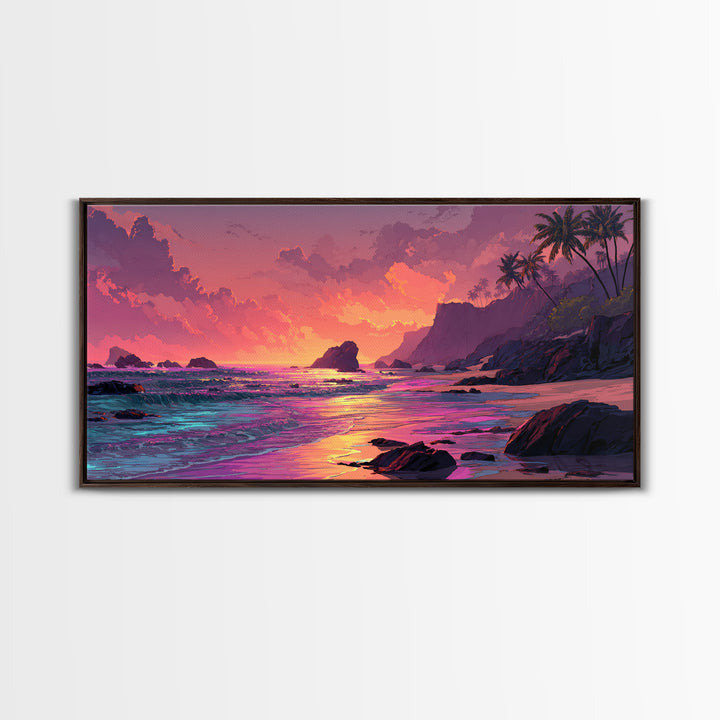 Colorful Sunset Coastal Landscape Canvas Print Vibrant Seascape Wall Art Modern Beach Home Decor