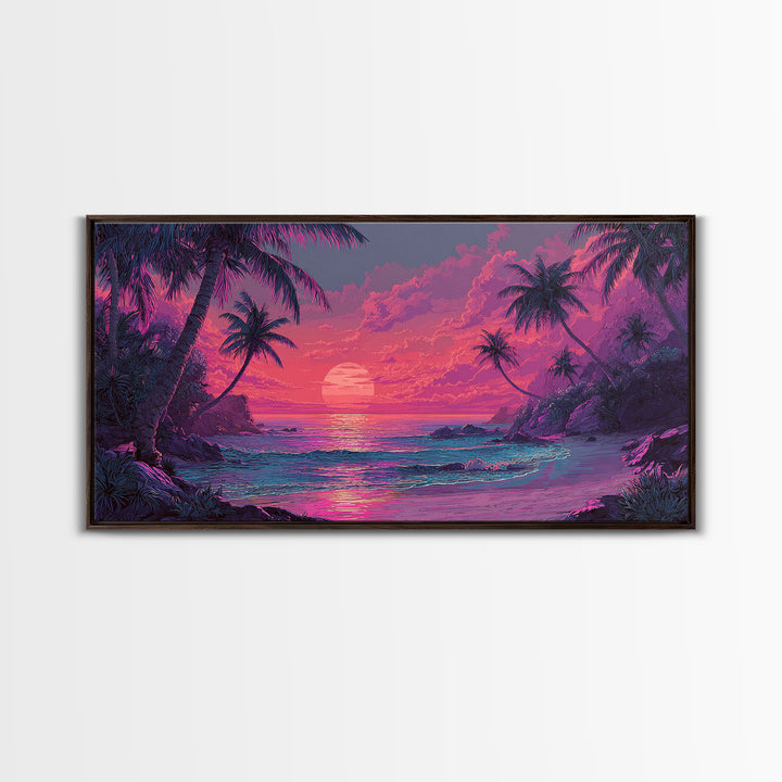 Tropical Pink Sunset Over Quiet Beach With Palm Trees Vibrant Coastal Wall Art Canvas Print For Modern Home Decor