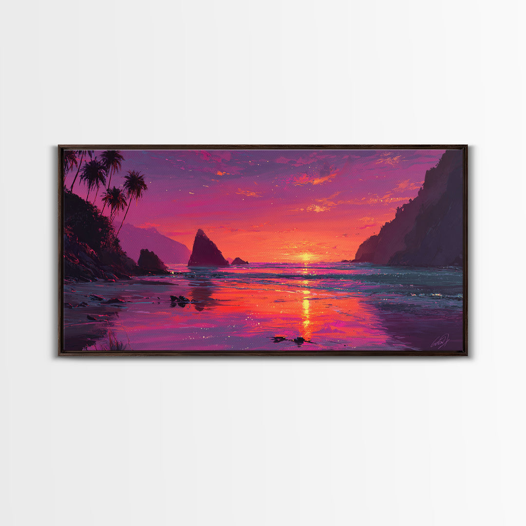 Vibrant Sunset Over Rocky Coastal Landscape Framed Canvas Print Large Wall Art For Modern Living Room And Contemporary Home Decor