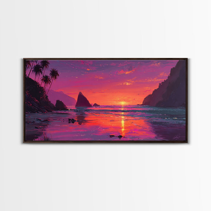 Vibrant Sunset Over Rocky Coastal Landscape Framed Canvas Print Large Wall Art For Modern Living Room And Contemporary Home Decor