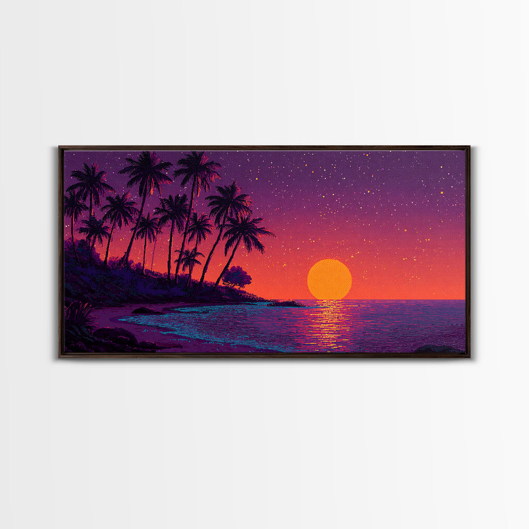 Pixel Art Vibrant Tropical Sunset Beach Scene With Palm Trees Retro Style Wall Art Framed Canvas Print For Coastal Decor