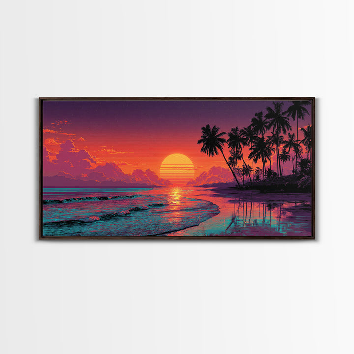 Sunset Tropical Beach Scene With Palm Trees And Calming Ocean Waves Aesthetic Wall Art For Coastal Home Decor