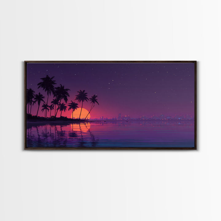 Digital Retro Sunset Beach Scene With Palm Trees Silhouettes Vibrant Coastal Wall Art Modern Wall Art Canvas Print