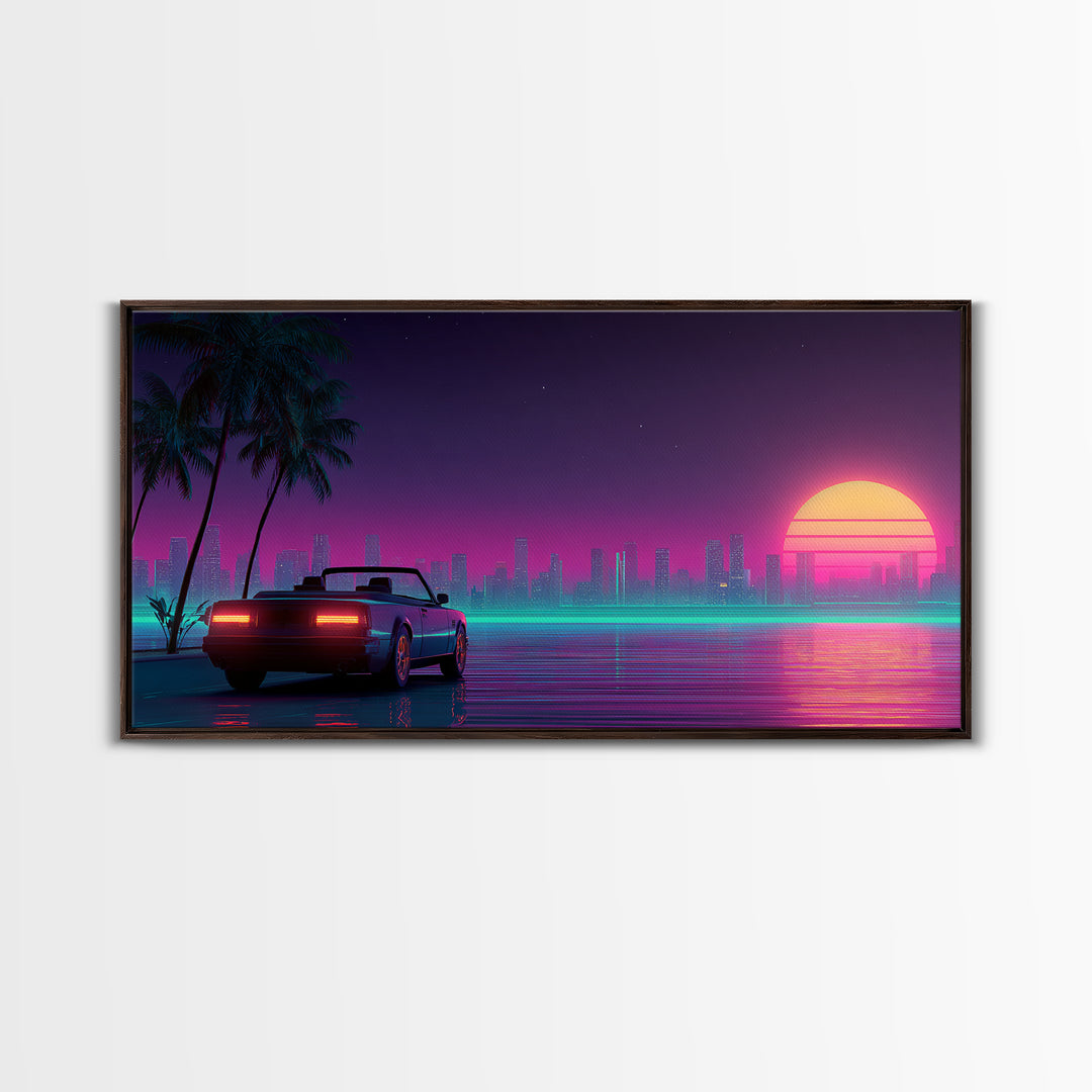 Retro Futuristic Cityscape With Classic Car Neon Colors Digital Art Canvas Print For Living Room Wall Art