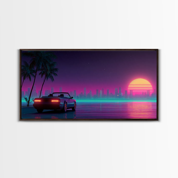 Retro Futuristic Cityscape With Classic Car Neon Colors Digital Art Canvas Print For Living Room Wall Art