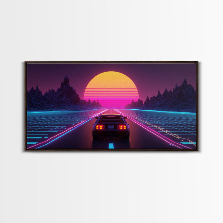 Retro Futuristic DeLorean Car Driving Toward Neon Digital Sun Synthwave Landscape Canvas Print Modern Wall Art For Office Decor
