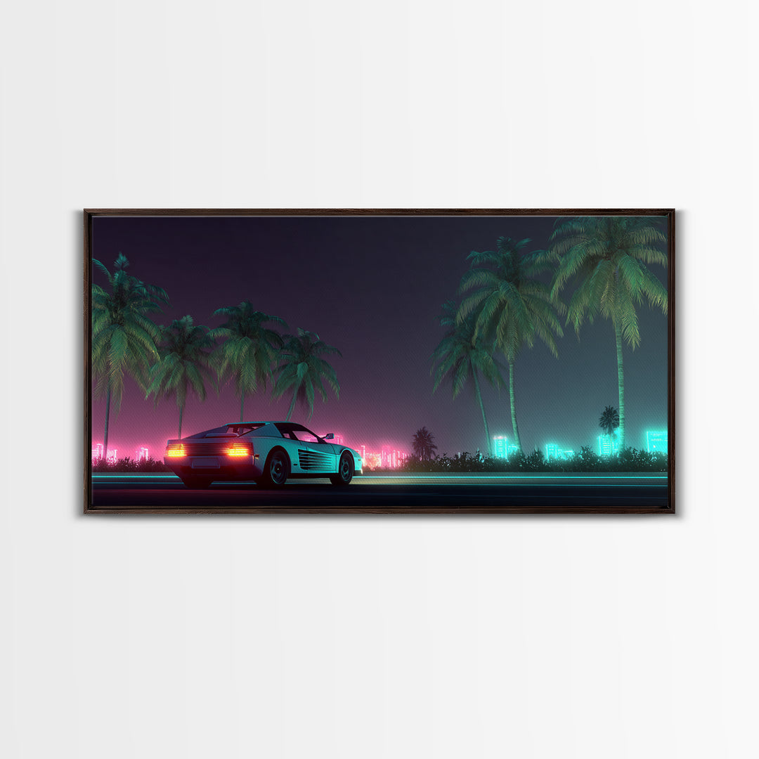 Retro Futuristic Car Neon Night Scene With Palm Trees And City Lights Canvas Print Modern Wall Art For Living Room Decor