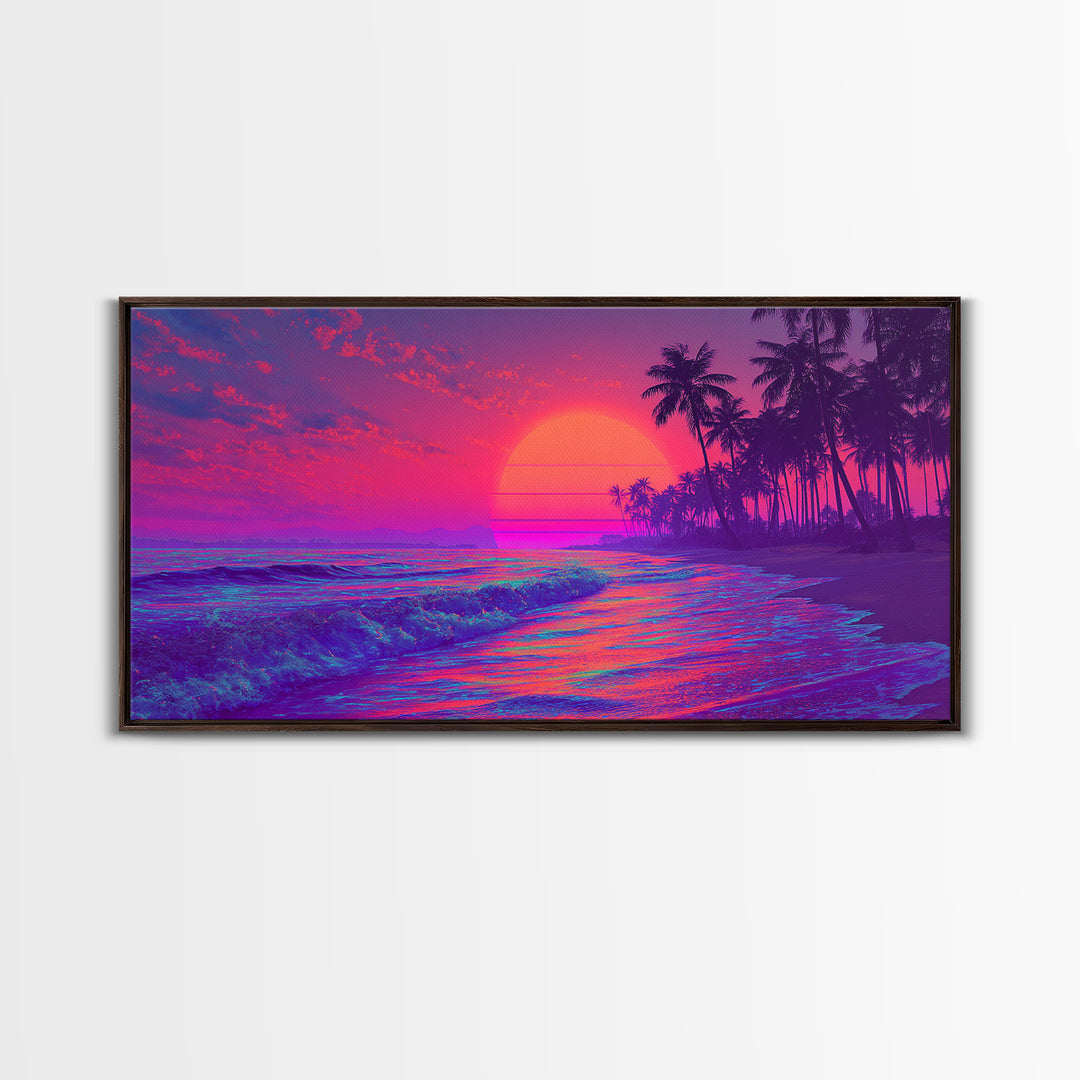 Vibrant Neon Sunset Beach Scene Wall Art With Palm Trees And Pink Purple Sky Canvas Print For Tropical Home Decor