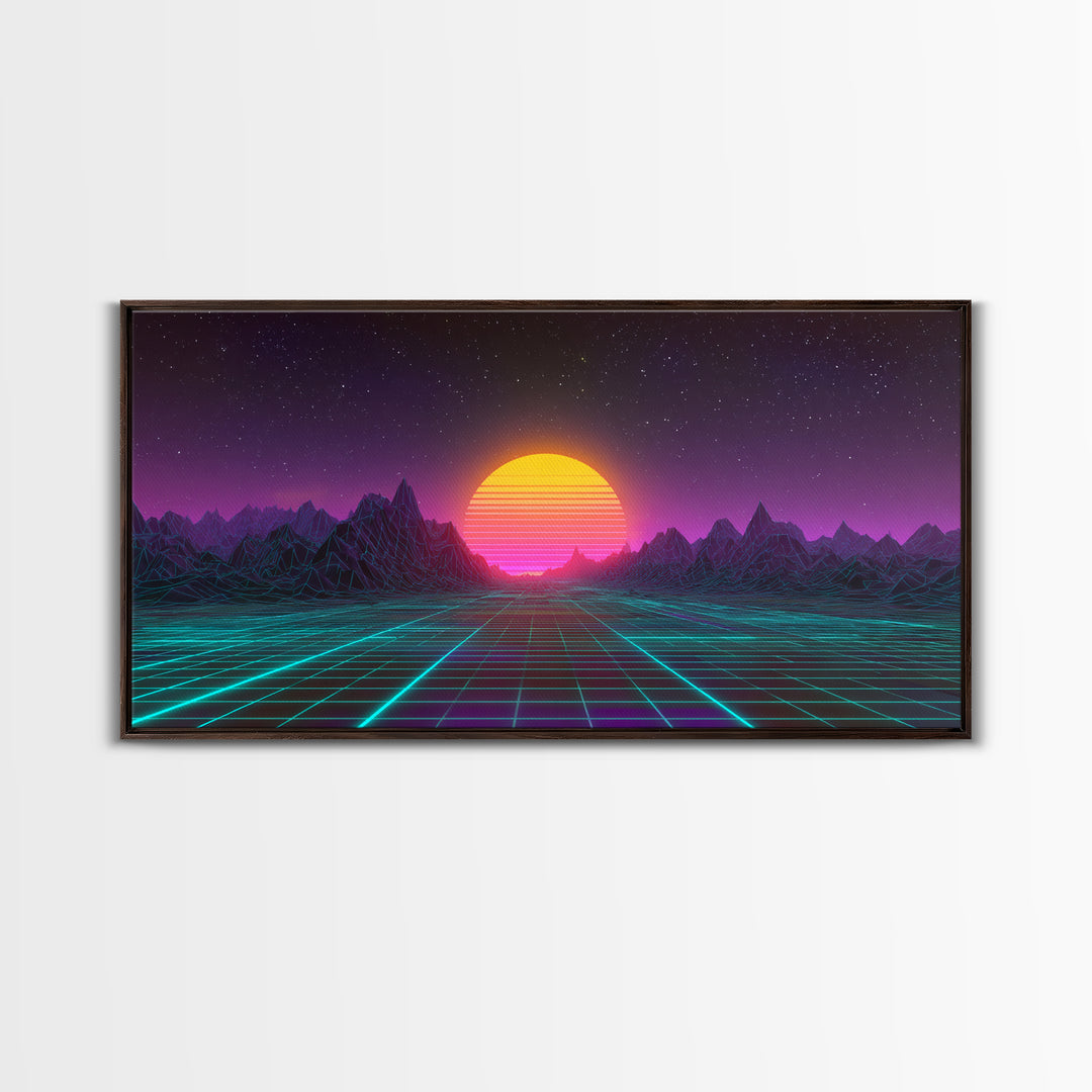 Retro Futuristic Neon Sunrise Over Wireframe Mountain Landscape Digital Artwork Canvas Print Wall Art for Modern Room Decor