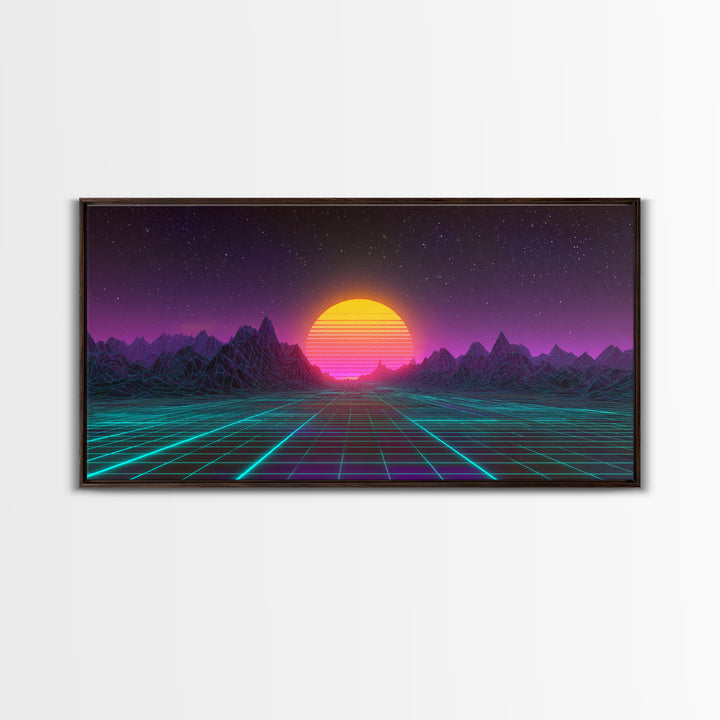 Retro Futuristic Neon Sunrise Over Wireframe Mountain Landscape Digital Artwork Canvas Print Wall Art for Modern Room Decor
