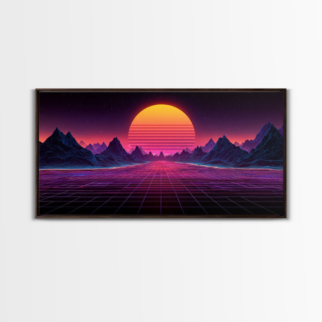 Retro Futuristic Synthwave Landscape With Neon Sun Canvas Print Wall Art For Modern Aesthetic Decor