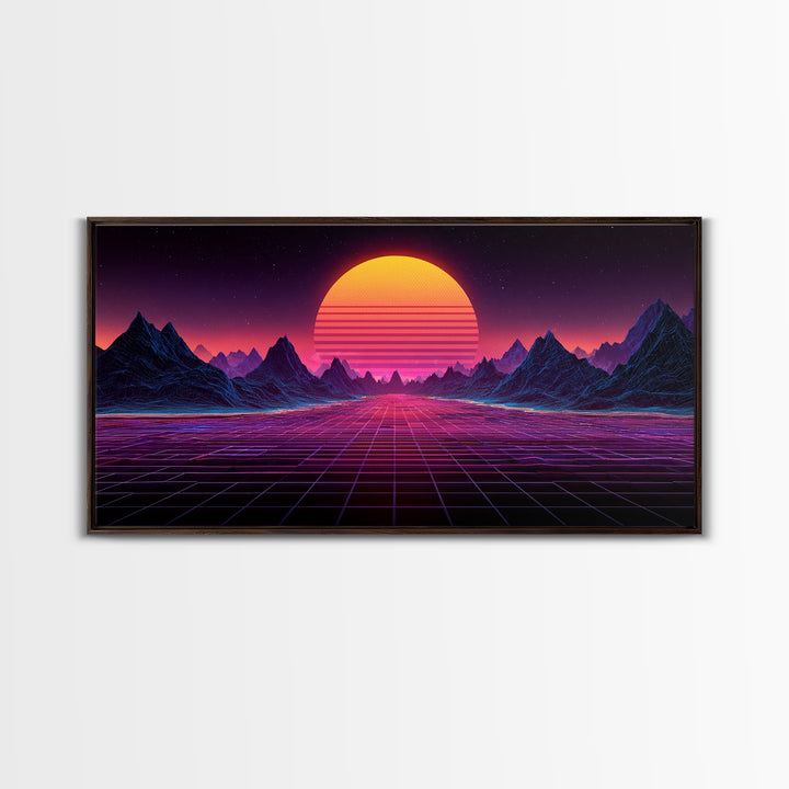 Retro Futuristic Synthwave Landscape With Neon Sun Canvas Print Wall Art For Modern Aesthetic Decor