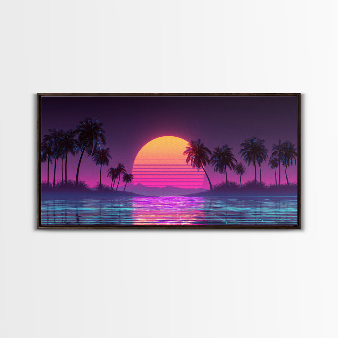 Retro Sunset Beach Scene With Palm Trees And Reflective Water Canvas Print Vibrant Coastal Wall Art