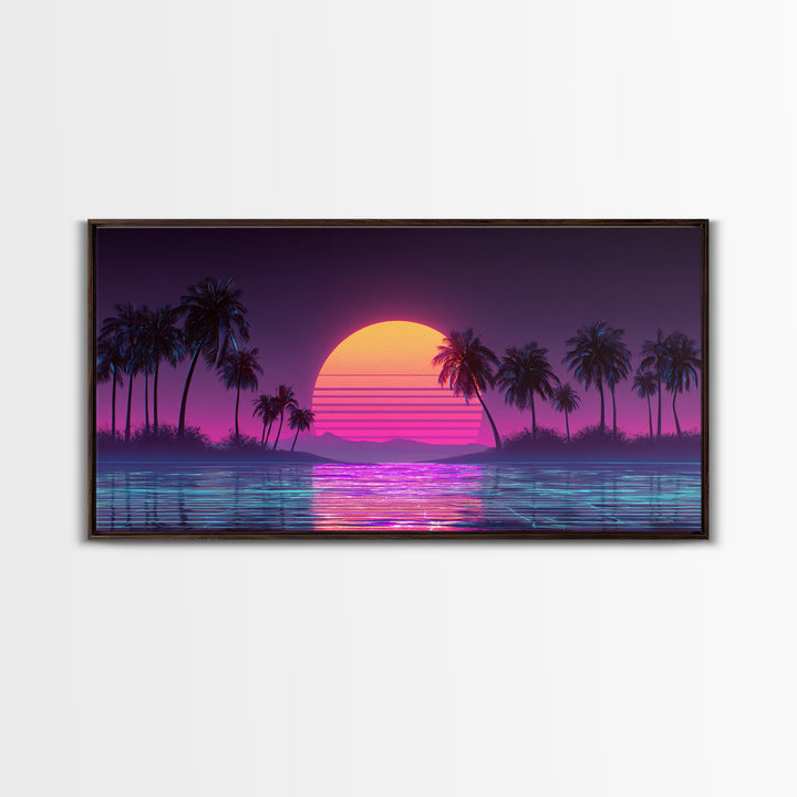 Retro Sunset Beach Scene With Palm Trees And Reflective Water Canvas Print Vibrant Coastal Wall Art