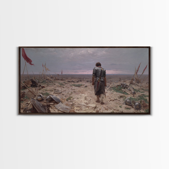 Lone Knight Walking Through Battlefield Wall Art, Medieval Landscape Canvas Print, Dark Academia Office Decor, Gift For Him