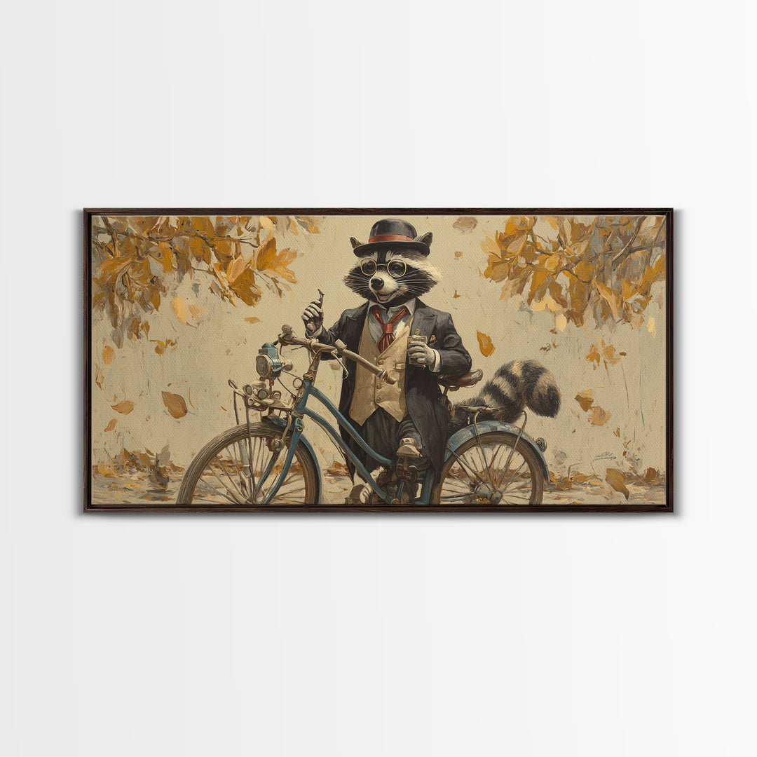 Raccoon Riding Bicycle In Autumn Leaves Wall Art, Whimsical Animal Decor, Funny Woodland Nursery Art, Gift For Her, Kids Room Decor