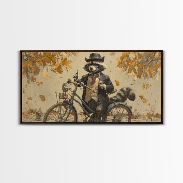 Raccoon Riding Bicycle In Autumn Leaves Wall Art, Whimsical Animal Decor, Funny Woodland Nursery Art, Gift For Her, Kids Room Decor