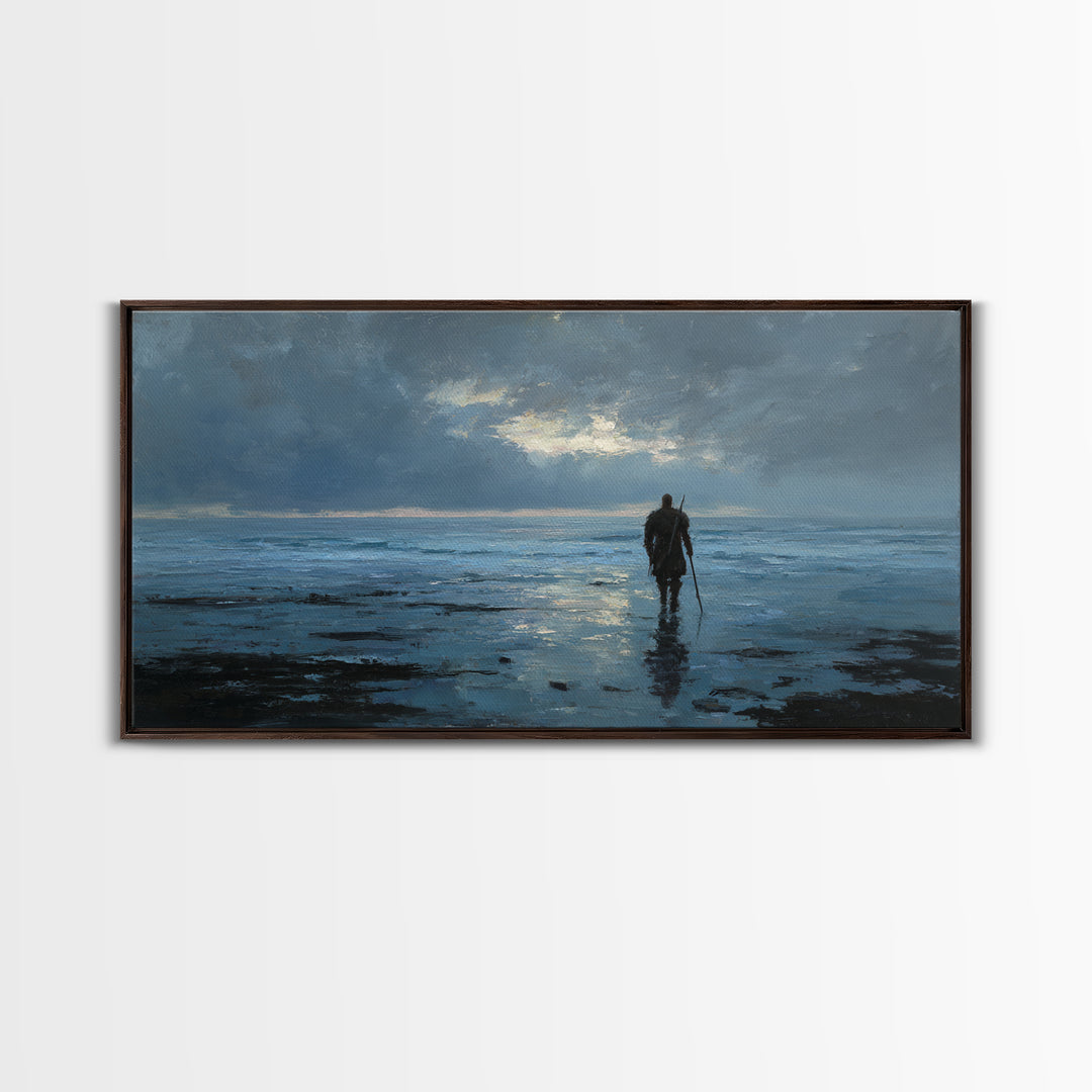 Lone Warrior Wading Through Blue Seascape Wall Art, Moody Ocean Canvas Print For Bedroom Decor And Masculine Office Decor