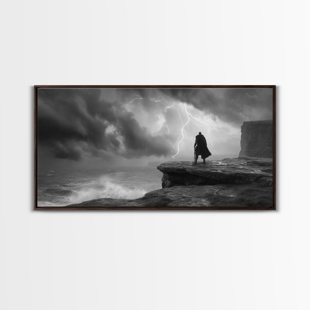 Dark Warrior On Stormy Sea Cliff Wall Art, Black And White Art, Gothic Wall Art, Moody Seascape, Masculine Office Decor
