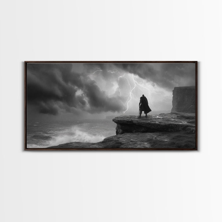 Dark Warrior On Stormy Sea Cliff Wall Art, Black And White Art, Gothic Wall Art, Moody Seascape, Masculine Office Decor
