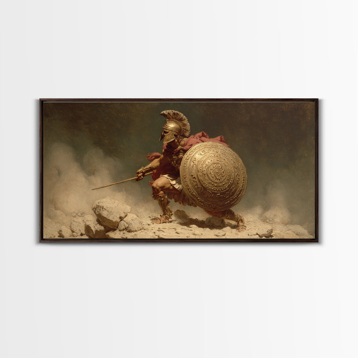 Golden Spartan Warrior With Round Shield Canvas Print, Ancient Greek Wall Art, Mythological Battle Decor For Masculine Office