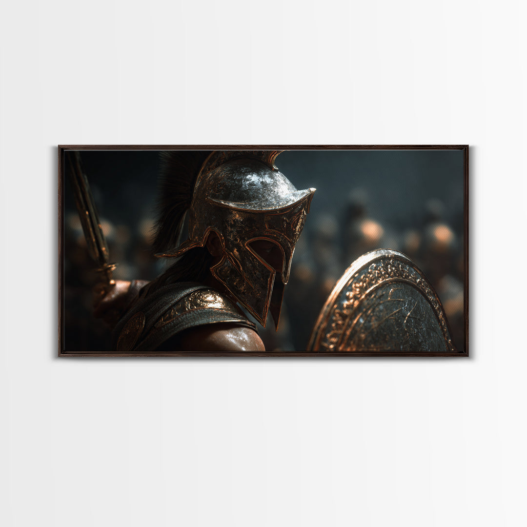 Bronze Spartan Soldier With Shield Framed Canvas Print, Ancient Greek Wall Art, Gladiator Decor, Masculine Office Poster